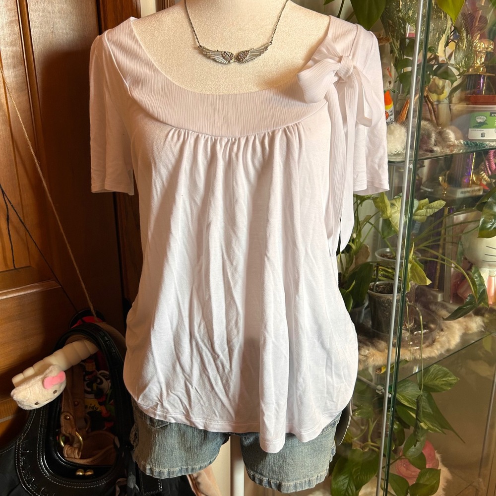 Y2K Women's White Short Sleeve Bow Accent Scoop Neck Blouse Coquette Top